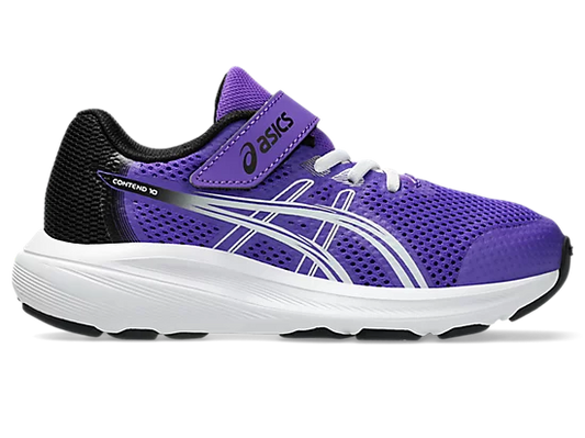 Espadrilles Contend 10 PS - Asics violet et noir en mesh respirant avec semelle blanche, modèle pour enfant, vue de profil de côté droit.