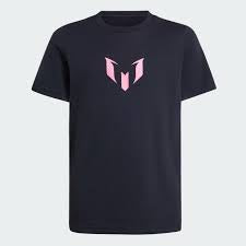 T-Shirt Messi - Adidas bleu marine en coton avec logo rose, style col rond, vue de face, pour enfant garçon.