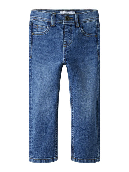 Jeans - Name It bleu denim moyen slim en jean ajustable pour enfant, vue de face sur fond blanc