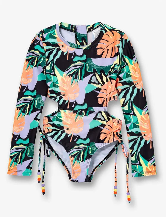 Maillot de bain - M.I.D. manches longues à motifs feuillage multicolore sur fond noir, coupe une pièce, vue de face