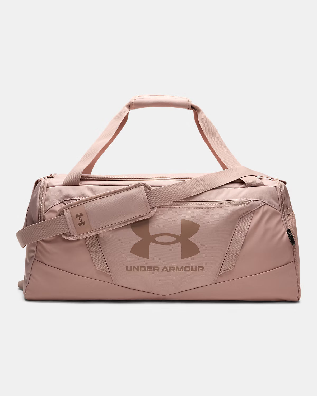 Sac sport - Under Armour rose pâle en tissu synthétique, grand compartiment central, poignées et bandoulière ajustable, vue de face.