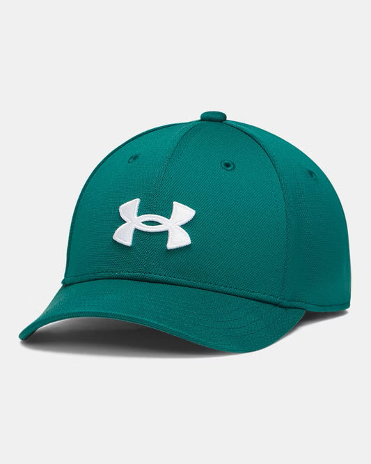 Casquette UA Blitzing - Under Armour en textile vert avec logo blanc brodé, style sport, vue de trois quarts avant.
