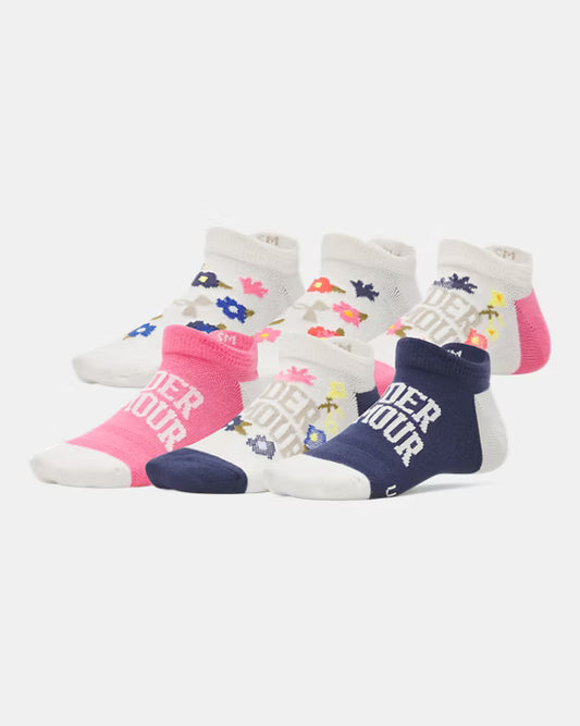 6 Paires de bas - Under Armour multicolores à motifs floraux et logo, ultralégers, pour enfant, vue de face portée