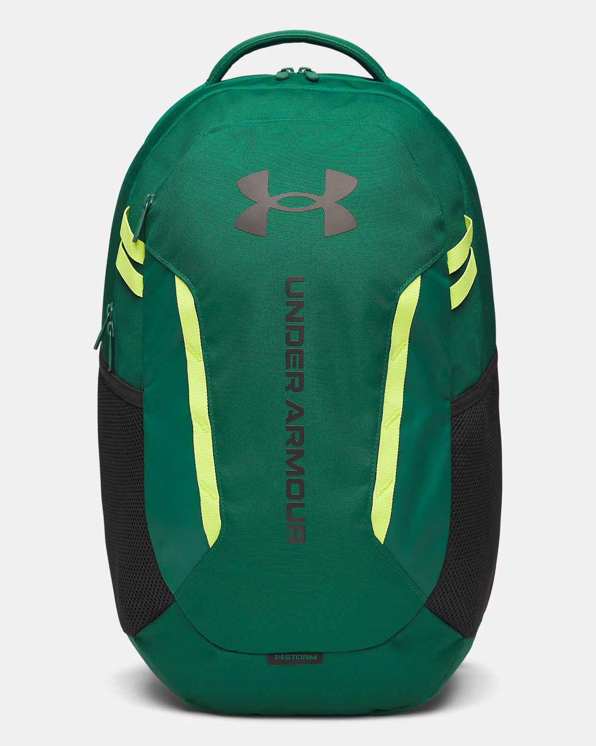 Sac à dos - Under Armour vert avec détails jaunes, matière textile résistante, vue de face, design sportif unisexe.