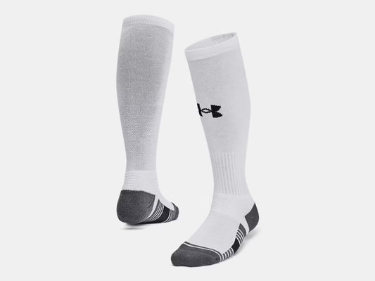 Bas de Baseball - Under Armour blanc et gris en tissu durable avec compression, vue avant et arrière sur fond blanc.