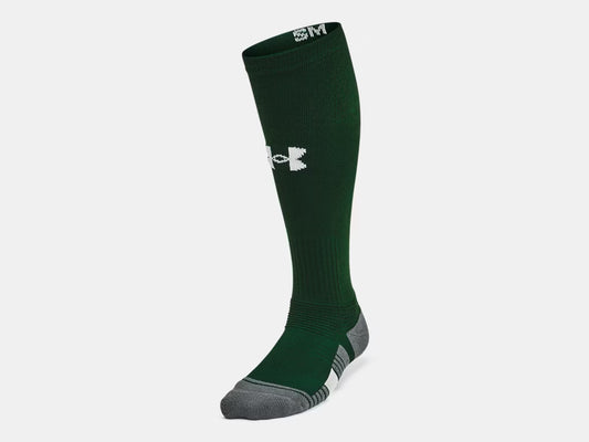 Bas de Baseball - Under Armour vert foncé et gris en tissu respirant, coupe ajustée, vue de profil sur fond clair.