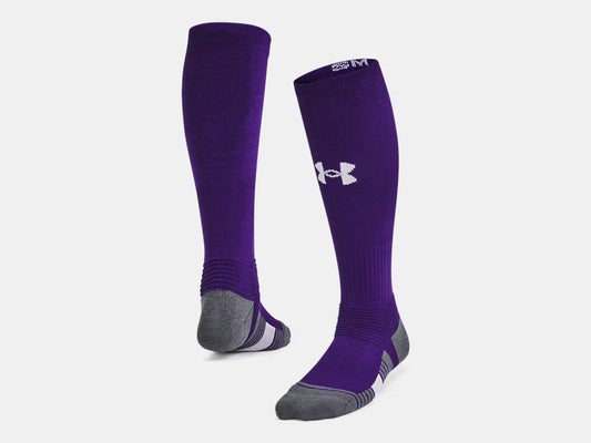 Bas de Baseball - Under Armour violet et gris en polyester à séchage rapide, vue avant et arrière, taille adulte.