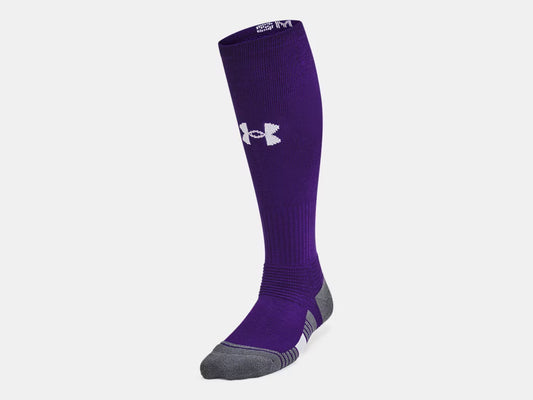 Bas de Baseball - Under Armour violet avec renfort gris, en tissu respirant, vue de côté, taille adulte homme.