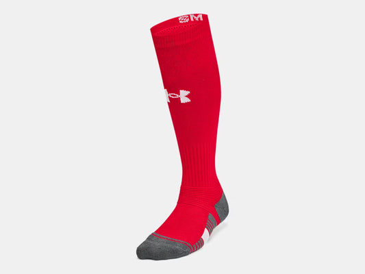Bas de Baseball - Under Armour rouge et gris en matériau respirant, vue de profil sur fond blanc, style compression sportive.