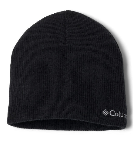 Tuque d'hiver - Columbia noire en tricot simple, vue de face avec logo brodé blanc sur le devant, style unisexe adulte.