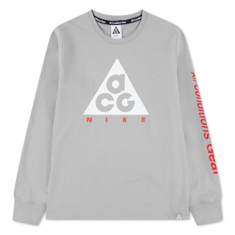 Chandail ACG Dri-FIT - Nike gris à manches longues avec logo ACG blanc et détails rouges sur la manche vue de face