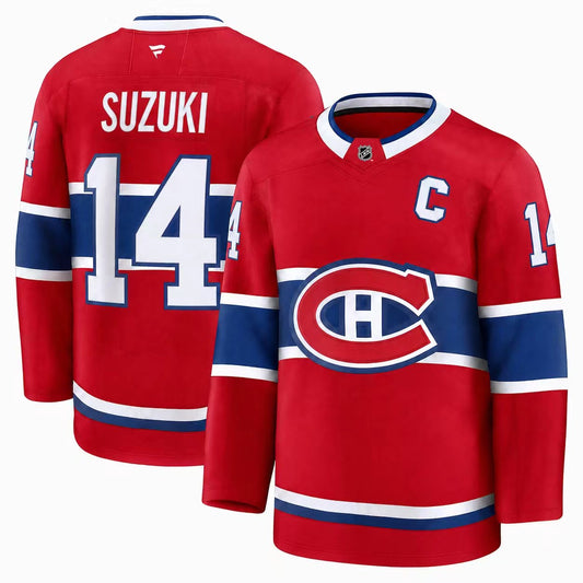 Jersey de hockey Canadiens - Suzuki rouge avec bandes bleues et blanches, logo H au centre, numéro 14 et nom Suzuki, vue de face et dos.