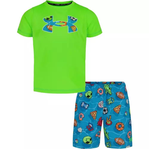 Ensemble maillot de bain - Under Armour, t-shirt vert fluo et short bleu imprimé motifs alimentaires, enfant, vue de face.