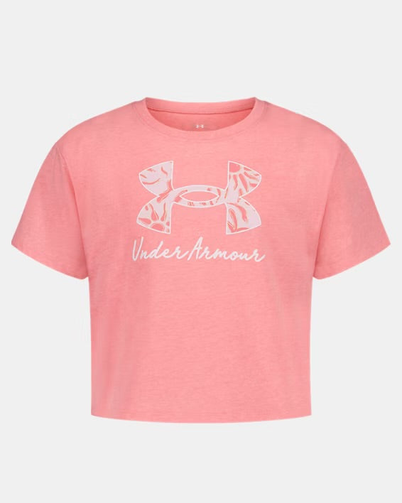 T-Shirt Crop Top UA Logo Campus - Under Amour rose saumon, logo blanc, position galerie 1, orientation portrait 566x708.