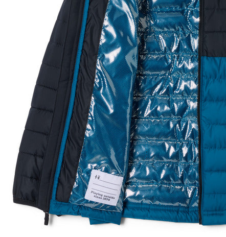 Manteau Mi-Saison Powder Lite - Columbia avec intérieur bleu brillant isolant, extérieur mat noir et bleu, détail de la doublure, vue rapprochée.