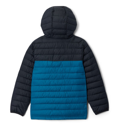 Manteau Mi-Saison Powder Lite - Columbia bicolore noir et bleu, style matelassé avec capuche, vue de dos, pour enfant.