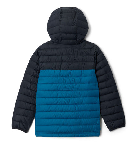Manteau Mi-Saison Powder Lite - Columbia bicolore noir et bleu, style matelassé avec capuche, vue de dos, pour enfant.