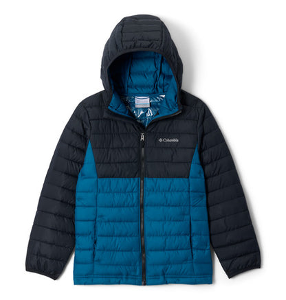 Manteau Mi-Saison Powder Lite - Columbia bicolore bleu et noir en tissu matelassé léger, à capuche, vue de face sur fond blanc.