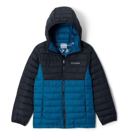 Manteau Mi-Saison Powder Lite - Columbia bicolore bleu et noir en tissu matelassé léger, à capuche, vue de face sur fond blanc.