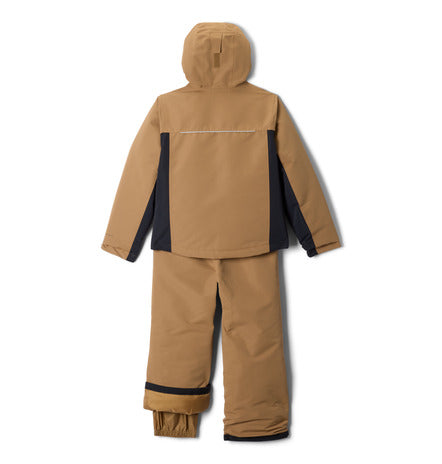 Habit de neige Buga Set - Columbia beige et noir en tissu résistant, ensemble enfant vue de dos avec capuche et pantalon assorti.