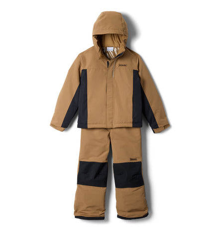 Habit de neige Buga Set - Columbia marron clair avec panneaux noirs, ensemble deux pièces enfant, veste à capuche et pantalon, vue de face.