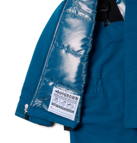 Habit de neige Buga Set - Columbia bleu avec doublure argentée réfléchissante, détail intérieur et fermeture éclair, pour enfant.