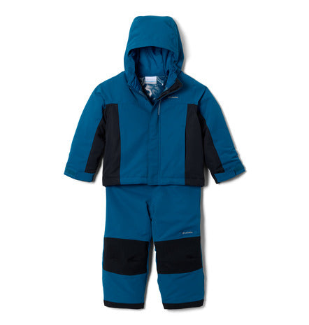 Habit de neige Buga Set - Columbia bleu et noir en tissu isolant, style chaud et imperméable pour enfant, vue de face, capuche incluse.