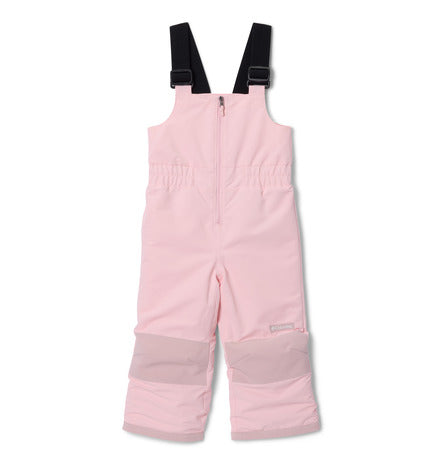 Salopette de neige rose clair avec bretelles noires réglables, coutures renforcées au niveau des genoux, pour enfant, vue de face.