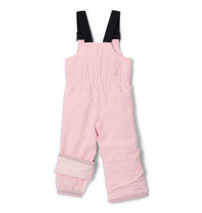Salopette de ski rose pâle avec bretelles noires réglables, isolation doublée, pour enfant, vue de face sans manches.