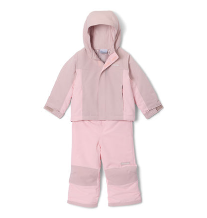 Ensemble imperméable rose clair avec capuche et renforts gris, veste et pantalon pour enfant, vue de face sur fond blanc.