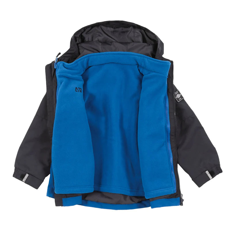 Ensemble Mi-Saison 3-en-1 - Nanö noir extérieur avec doublure polaire bleue, pour enfant, vue intérieure ouverte, capuche avec visière