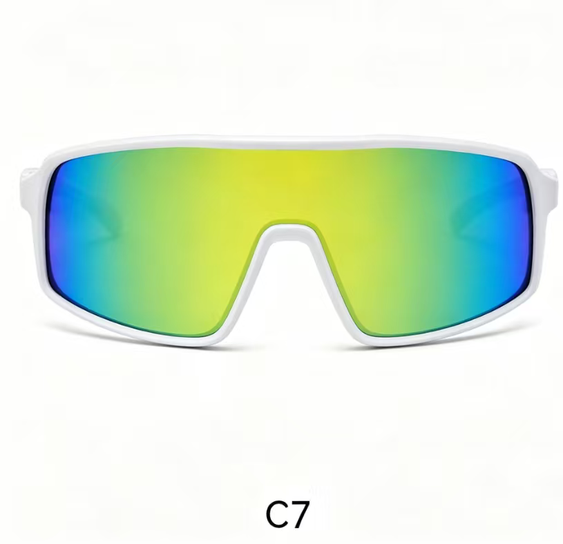 Lunettes de soleil - Kids avec monture blanche et verres miroirs dégradés bleu et jaune, style sport, vue de face.