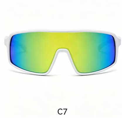 Lunettes de soleil - Kids avec monture blanche et verres miroirs dégradés bleu et jaune, style sport, vue de face.