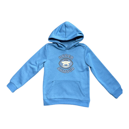 Hoodie UA Rival Fleece FB Graphic - Under Armour bleu clair en molleton doux, style à capuche avec poche kangourou, pour enfant, vue de face.