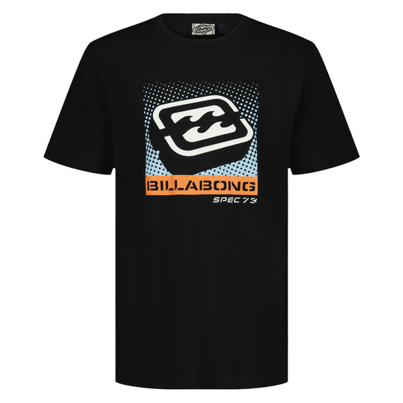 T-Shirt - Billabong noir en jersey coton avec logo blanc, bleu et orange imprimé, vue de face, pour homme adulte.