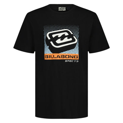T-Shirt - Billabong noir en jersey coton avec logo blanc, bleu et orange imprimé, vue de face, pour homme adulte.