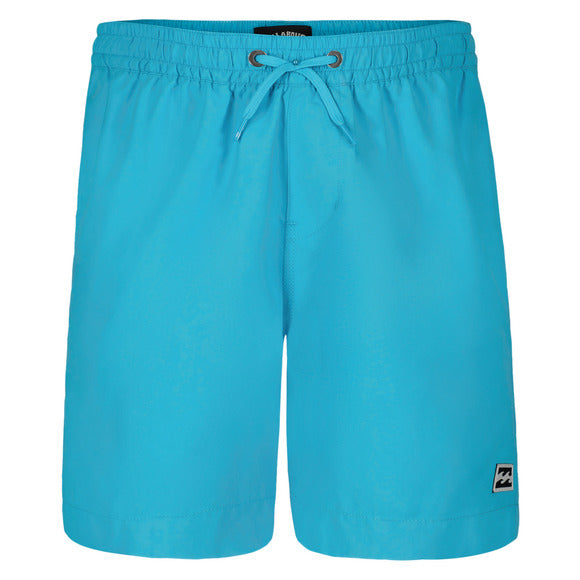 Maillot de bain - Billabong, short de bain bleu turquoise uni, taille élastique avec cordon, vue de face.
