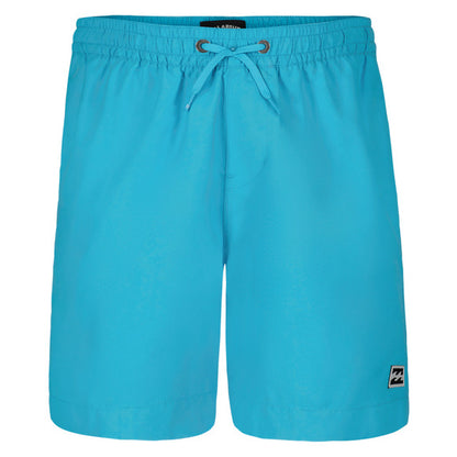 Maillot de bain - Billabong, short de bain bleu turquoise uni, taille élastique avec cordon, vue de face.