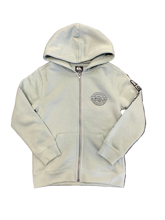 Veste - Quiksilver à capuche zippée gris clair en coton, logo imprimé noir sur la poitrine et la manche, vue de face sur fond blanc.