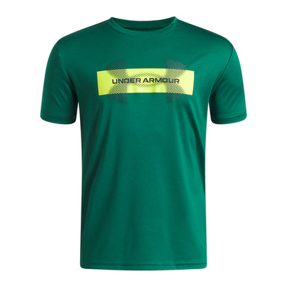 T-Shirt UA Tech™ Graphic - Under Armour vert avec imprimé jaune et noir, à manches courtes, matière technique légère, vue de face.
