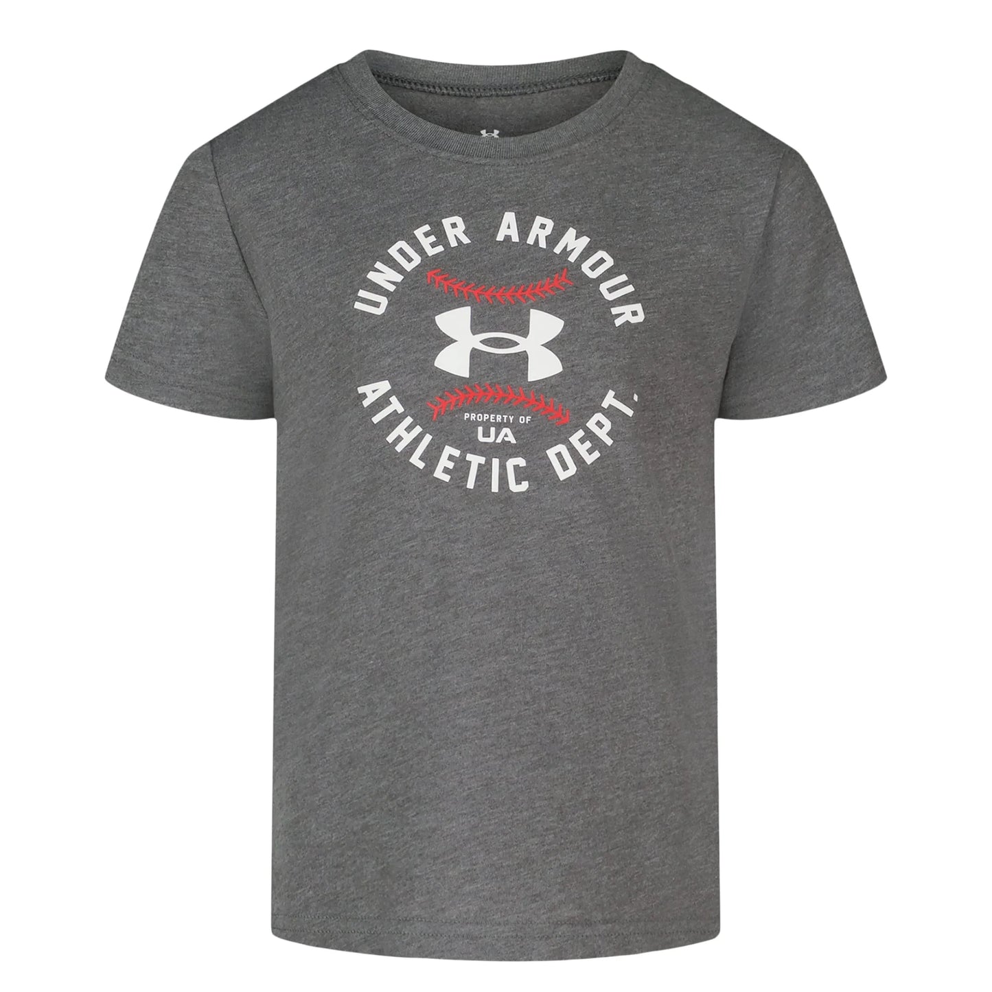 T-Shirt - Under Armour gris en polyester avec logo blanc et rouge, style sport et confortable pour enfants.