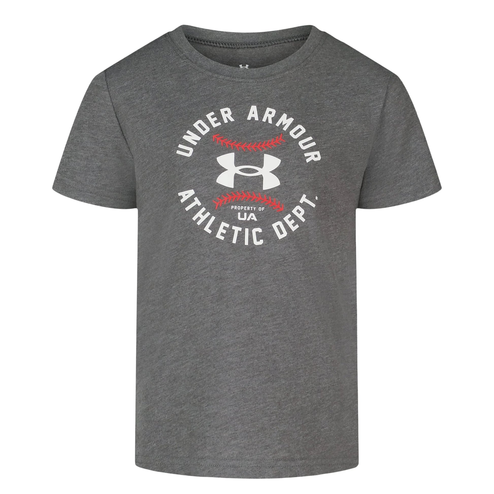 T-Shirt - Under Armour gris en polyester avec logo blanc et rouge, style sport et confortable pour enfants.