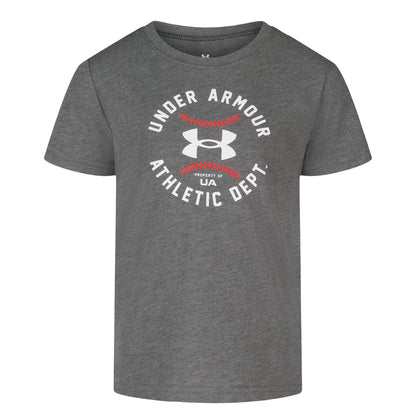 T-Shirt - Under Armour gris en polyester avec logo blanc et rouge, style sport et confortable pour enfants.