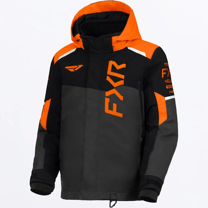 Manteau d'hiver Helium - FXR noir et orange à capuche avec empiècements blancs et logos orange vue de face
