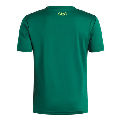 T-Shirt UA Tech™ Graphic - Under Armour vert émeraude en tissu technique léger, vue de dos avec logo jaune au col, pour homme.