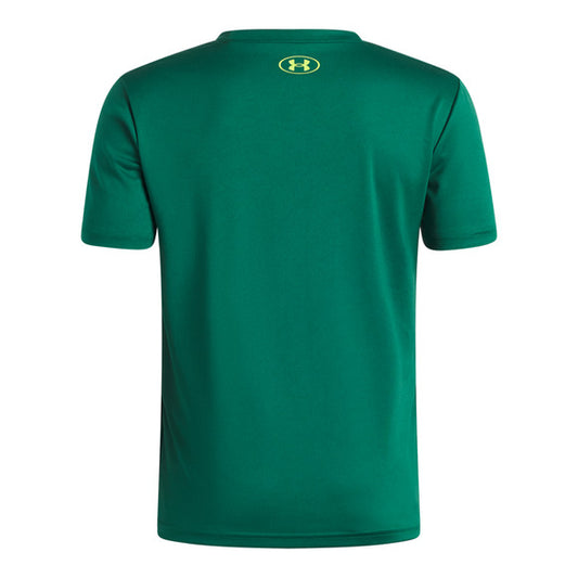T-Shirt UA Tech™ Graphic - Under Armour vert émeraude en tissu technique léger, vue de dos avec logo jaune au col, pour homme.