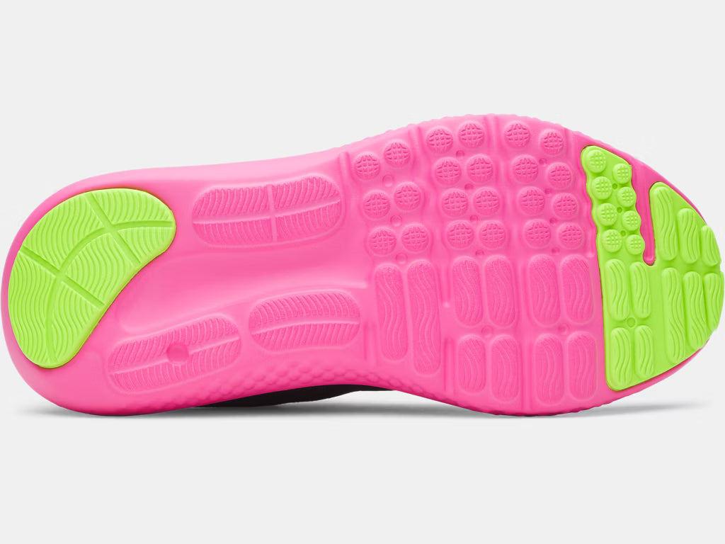 Semelle rose et vert fluo vue de dessous des Espadrilles UA GGS Surge 4 - Under Armour pour enfant.