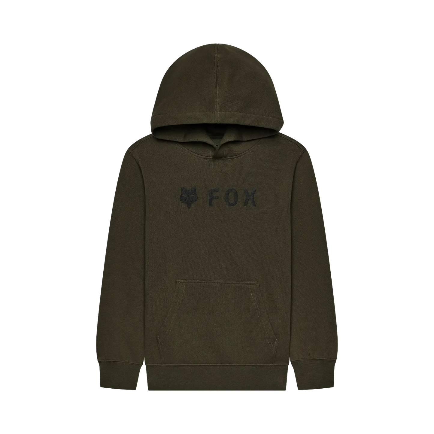 Hoodie - Fox kaki foncé en coton avec capuche, inscription "FOX" et logo renard brodés, vue de face.