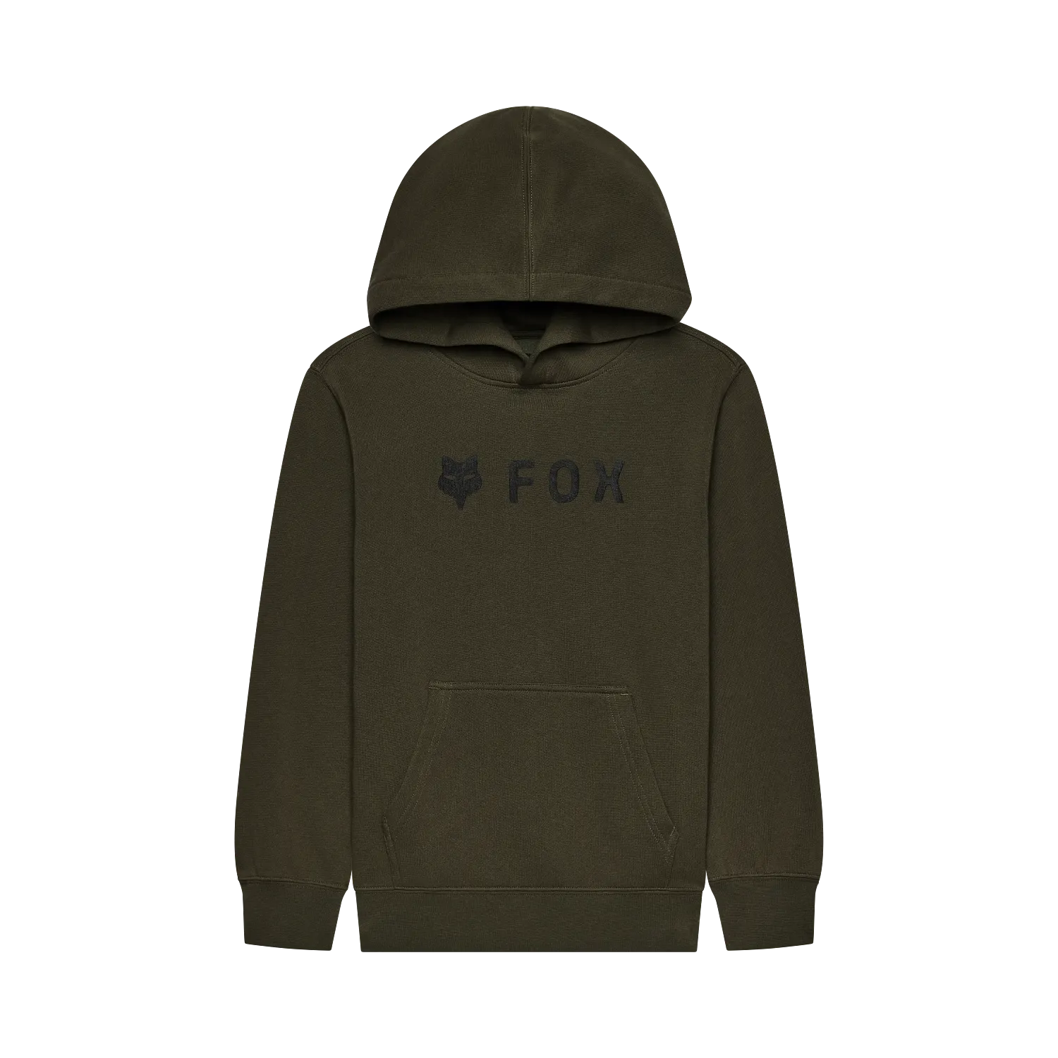Hoodie - Fox kaki foncé en coton avec capuche, inscription "FOX" et logo renard brodés, vue de face.