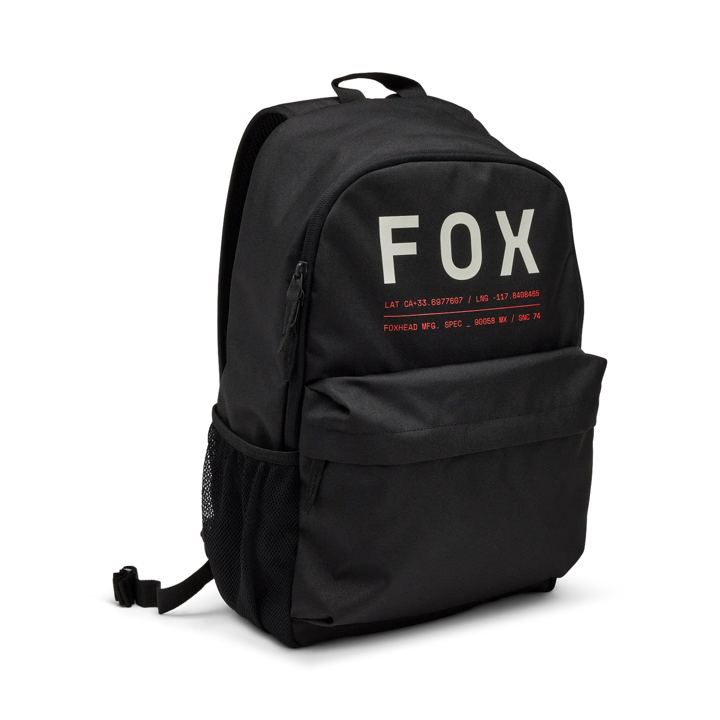 Sac à dos - Fox noir en polyester avec poche avant zippée, style urbain, unisexe adulte, vue de trois quarts face.